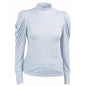 7 For All Mankind Women Top Long Sleeve Ruffle Mock Neck Smocked Blue L Trendy #